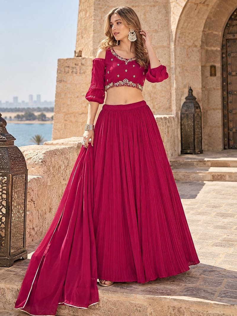 Magenta Georgette Semi Stitched Lehenga Choli with Hand Work