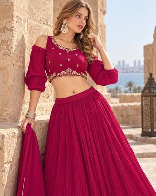 Magenta Georgette Semi Stitched Lehenga Choli with Hand Work 2