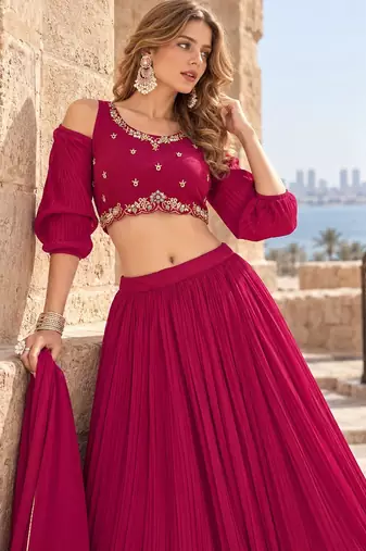 Magenta Georgette Semi Stitched Lehenga Choli with Hand Work