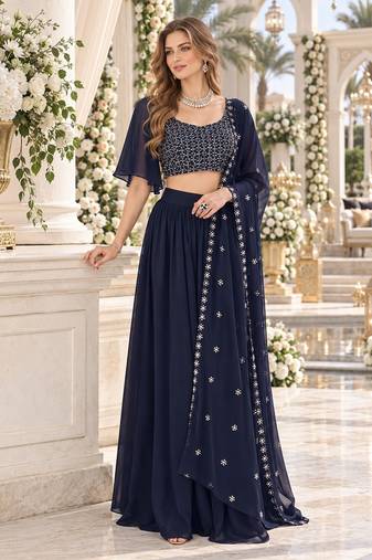 Navy Georgette Semi Stitched Lehenga Choli with Sequence & Thread Work