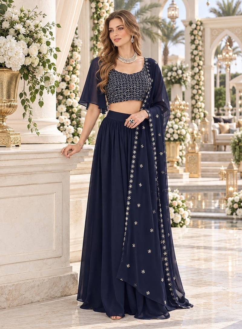 Navy Georgette Semi Stitched Lehenga Choli with Sequence & Thread Work