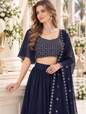 Navy Georgette Semi Stitched Lehenga Choli with Sequence & Thread Work 2