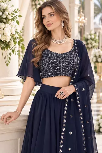 Navy Georgette Semi Stitched Lehenga Choli with Sequence & Thread Work