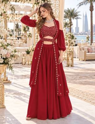 Red Georgette Semi Stitched Lehenga Choli with Sequence & Thread Work 1