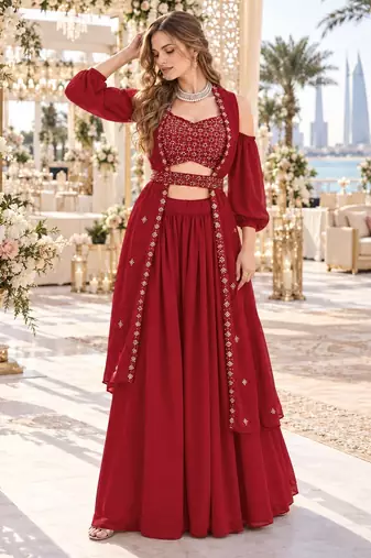 Red Georgette Semi Stitched Lehenga Choli with Sequence & Thread Work