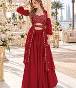 Red Georgette Semi Stitched Lehenga Choli with Sequence & Thread Work