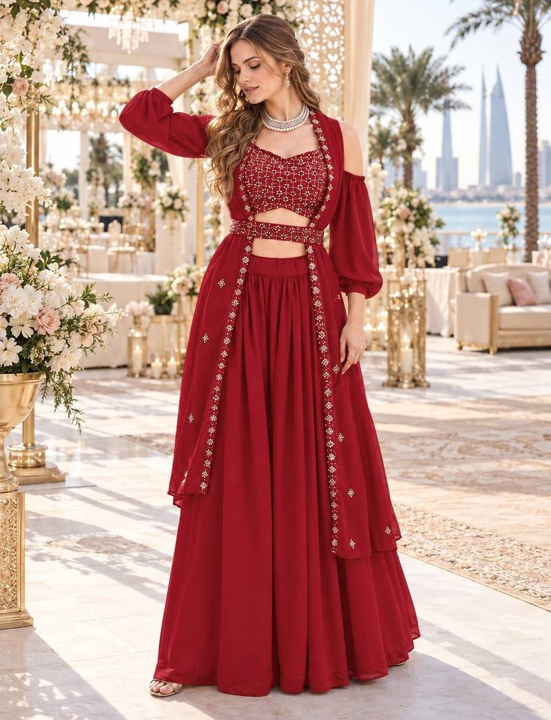 Red Georgette Semi Stitched Lehenga Choli with Sequence & Thread Work