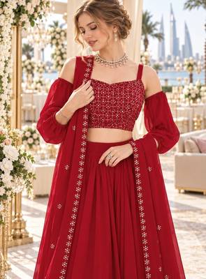 Red Georgette Semi Stitched Lehenga Choli with Sequence & Thread Work 2