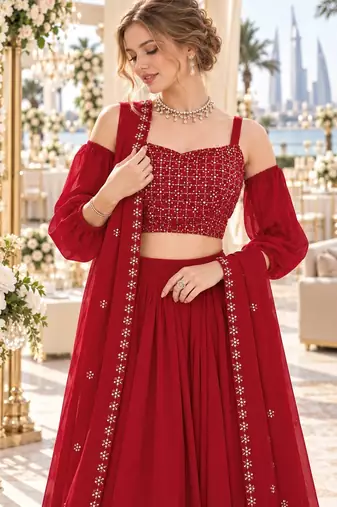 Red Georgette Semi Stitched Lehenga Choli with Sequence & Thread Work
