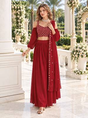 Red Georgette Semi Stitched Lehenga Choli with Sequence & Thread Work 3