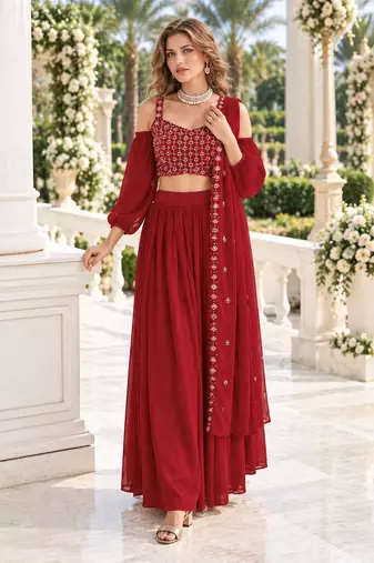 Red Georgette Semi Stitched Lehenga Choli with Sequence & Thread Work