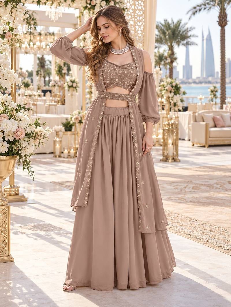 Chiku Georgette Semi Stitched Lehenga Choli with Sequence & Thread Work