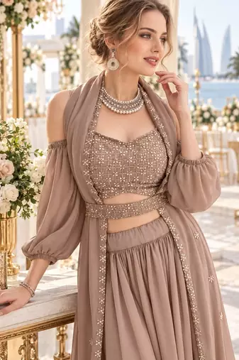 Chiku Georgette Semi Stitched Lehenga Choli with Sequence & Thread Work