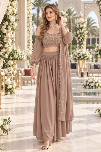Chiku Georgette Semi Stitched Lehenga Choli with Sequence & Thread Work