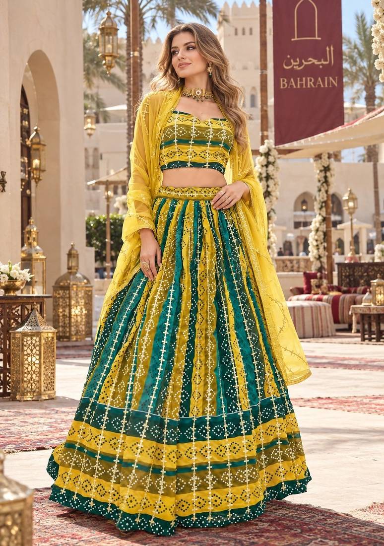 Multicolor georgette semi stitched lehenga choli with sequence & thread work
