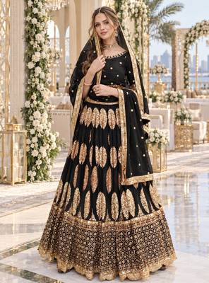 Black Georgette Semi Stitched Lehenga Choli with Sequence & Thread Work 1