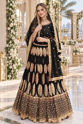 Black Georgette Semi Stitched Lehenga Choli with Sequin & Thread Work