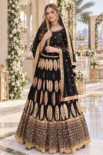 Black Georgette Semi Stitched Lehenga Choli with Sequence & Thread Work