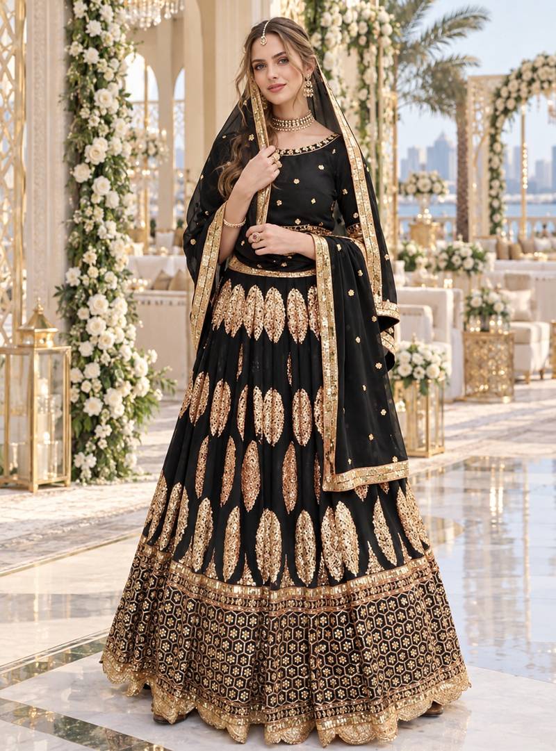 Black Georgette Semi Stitched Lehenga Choli with Sequence & Thread Work