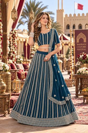 Teal-Blue georgette semi stitched lehenga choli with sequence & thread work
