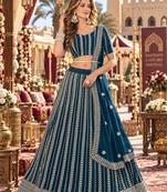 Teal-Blue georgette semi stitched lehenga choli with sequence & thread work