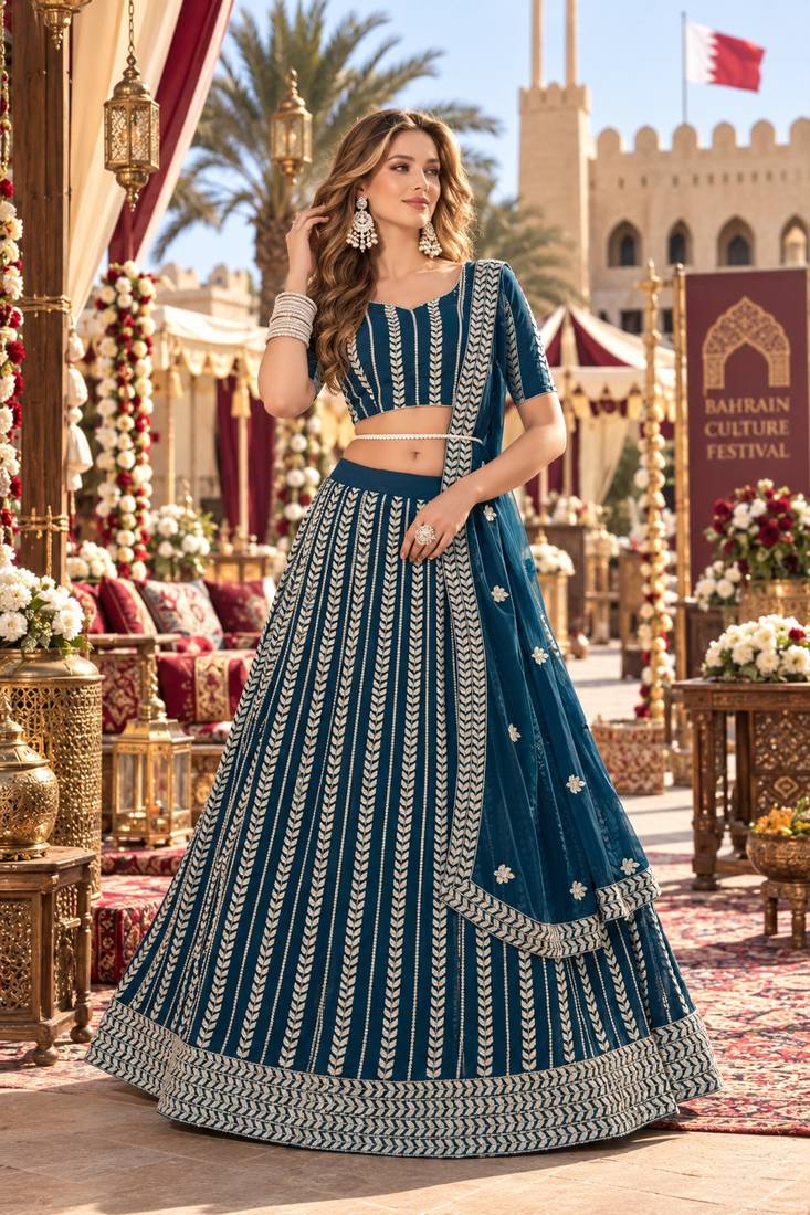 Teal-Blue georgette semi stitched lehenga choli with sequence & thread work
