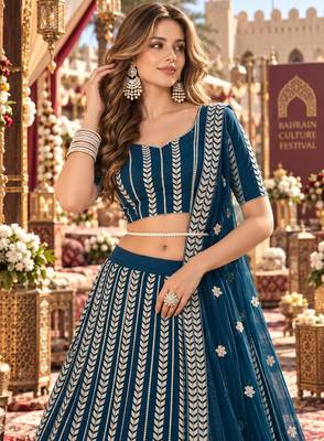 Teal-Blue georgette semi stitched lehenga choli with sequence & thread work 2