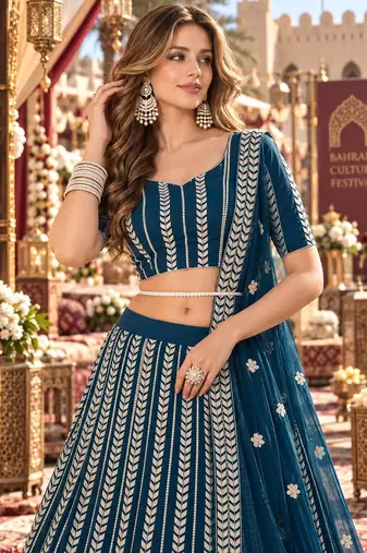 Teal-Blue georgette semi stitched lehenga choli with sequence & thread work