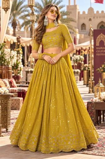 Yellow georgette semi stitched lehenga choli with sequence & thread work
