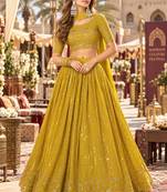 Yellow georgette semi stitched lehenga choli with sequence & thread work