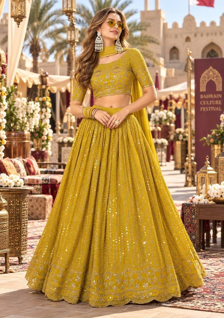 Yellow georgette semi stitched lehenga choli with sequence & thread work
