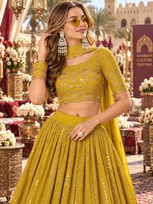 Yellow georgette semi stitched lehenga choli with sequence & thread work 2