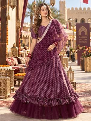 Maroon silk semi stitched lehenga choli with sequence & thread work 1