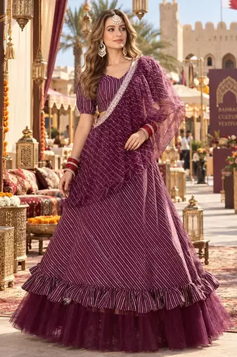 Maroon silk semi stitched lehenga choli with sequence & thread work