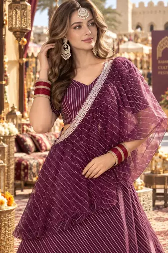 Maroon silk semi stitched lehenga choli with sequence & thread work
