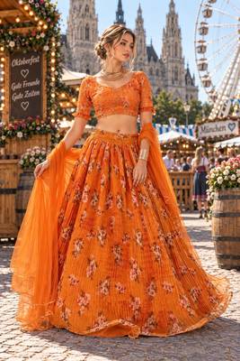 Orange organza semi stitched lehenga choli with sequence & thread work 1