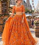Orange organza semi stitched lehenga choli with sequence & thread work