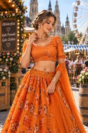 Orange organza semi stitched lehenga choli with sequence & thread work