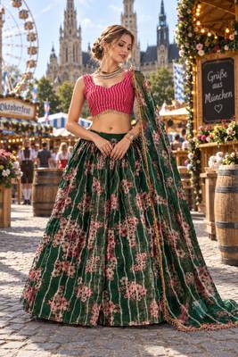 Dark-Green organza semi stitched lehenga choli with sequence & thread work 1