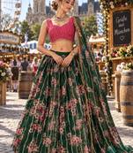 Dark-Green organza semi stitched lehenga choli with sequence & thread work