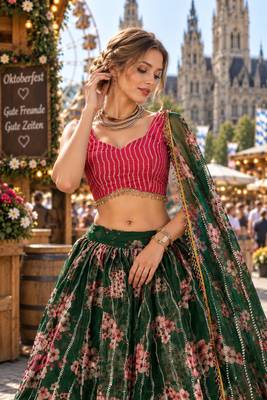Dark-Green organza semi stitched lehenga choli with sequence & thread work 2