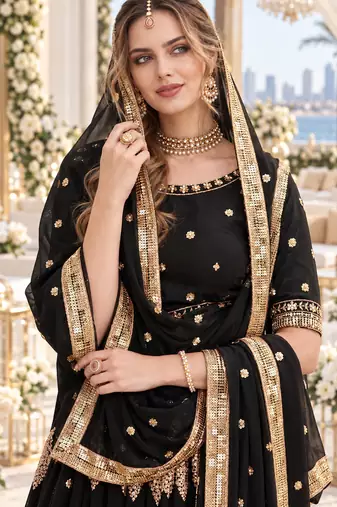 Black Georgette Semi Stitched Lehenga Choli with Sequence & Thread Work