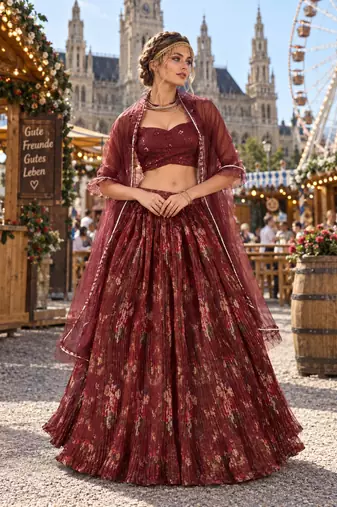 Maroon organza semi stitched lehenga choli with sequence & thread work
