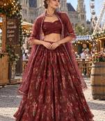 Maroon organza semi stitched lehenga choli with sequence & thread work