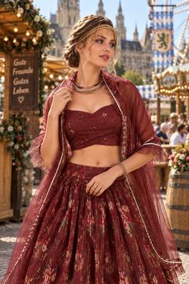 Maroon organza semi stitched lehenga choli with sequence & thread work 2