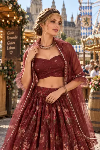 Maroon organza semi stitched lehenga choli with sequence & thread work
