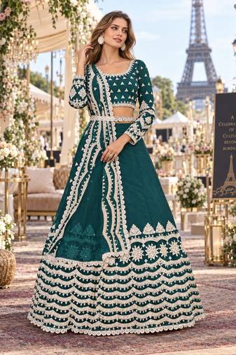 Teal-Blue net semi stitched lehenga choli with sequence & thread work