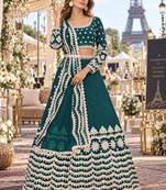 Teal-Blue net semi stitched lehenga choli with sequence & thread work