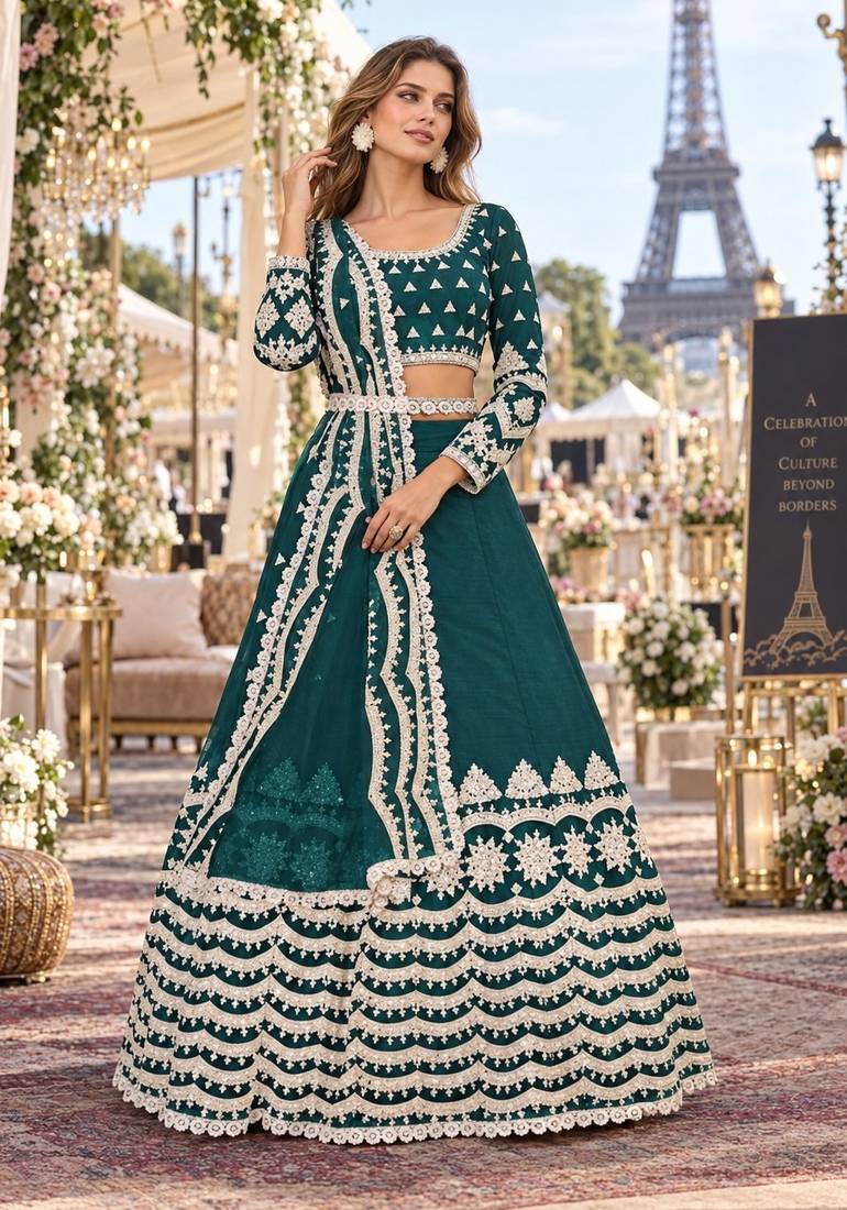 Teal-Blue net semi stitched lehenga choli with sequence & thread work