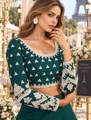 Teal-Blue net semi stitched lehenga choli with sequence & thread work 2